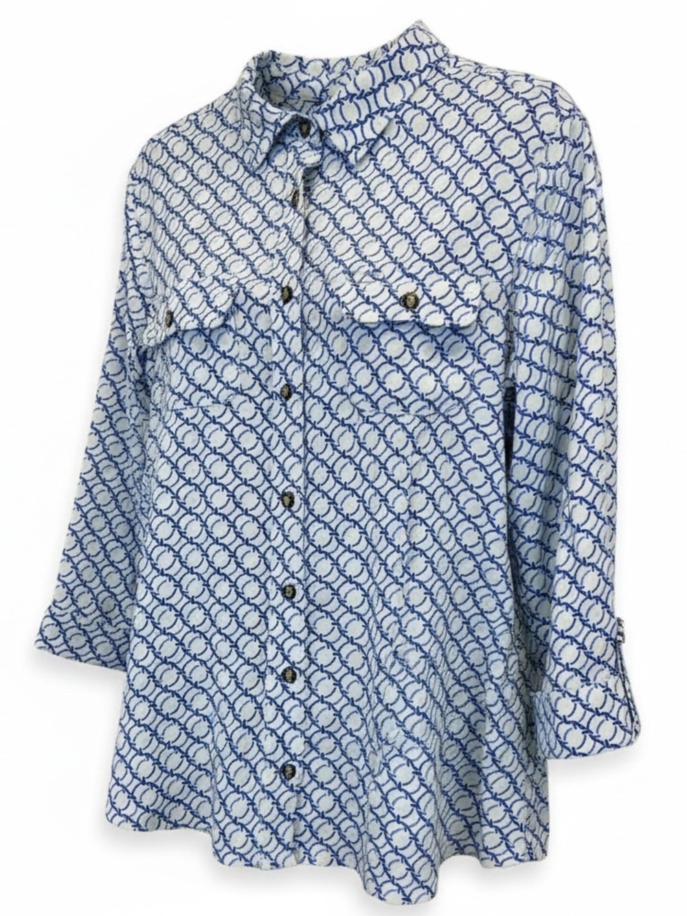 Charter Club Woman 1X Blue & White Coastal Chic Preppy Nautical Button-Up Shirt